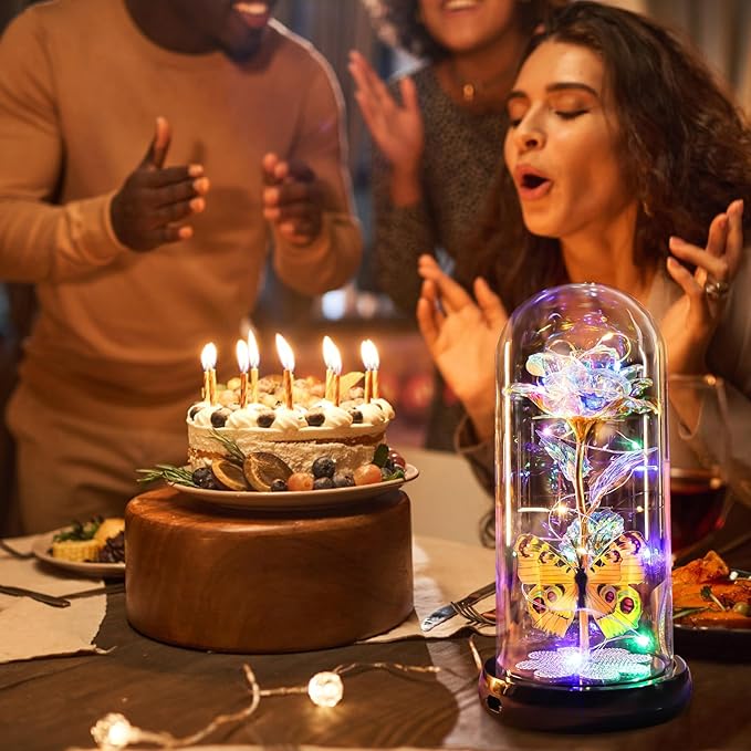 Christmas Rose Gifts for Women, Womens Gift for Christmas Rechargeable Galaxy Glass Rose Light Up Roses In Glass Dome Colorful Crystal Flower Butterfly Birthday Xmas Gifts for Women Her Wife Grandma