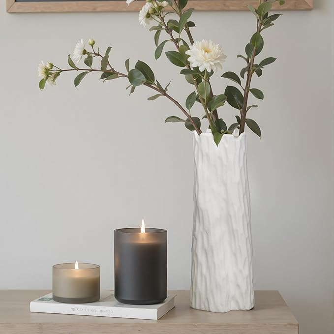 10.7 Inch White Ceramic Vase, Organic Nature Shape, OOSTONEE Boho Nordic Modern Style White Flower Vase, Shelf, Home, Living Room, Coffee Table Centerpiece, Ceramic vases for Home Decor