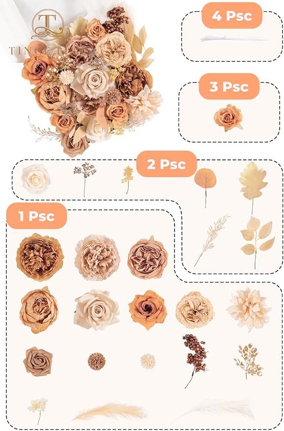 TINGE TIME Fake Flowers Artificial Flowers Peonies Bulbous Chrysanthemum Daisy Hydrangea Sunflower Violets Dahlia Daffodils Epiphyllum Orchid Cherry Blossom Camellia Leyaron (Nude Color & Pale Coffee)