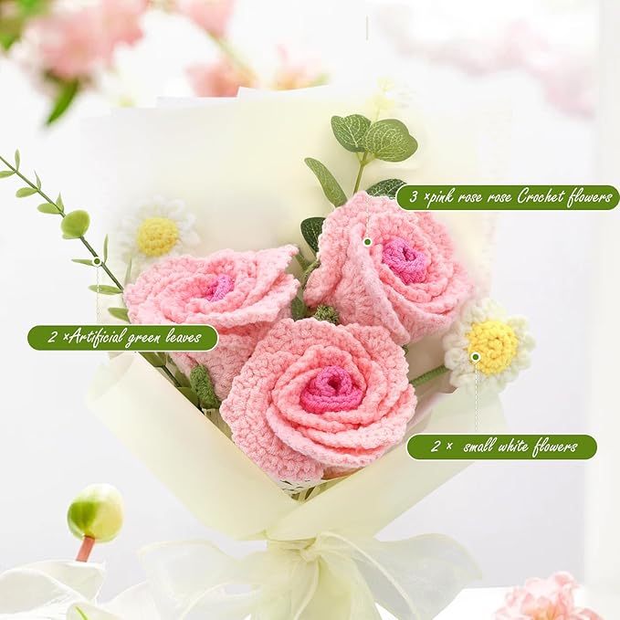 Crochet Flowers,Finished Bouquet Crocheted Cotton Thread Flowers, Handmade Crochet Rose Tulip Fern Leaf as a Gift for Lover, Friends. Artificial Flower (Gradient Pink)