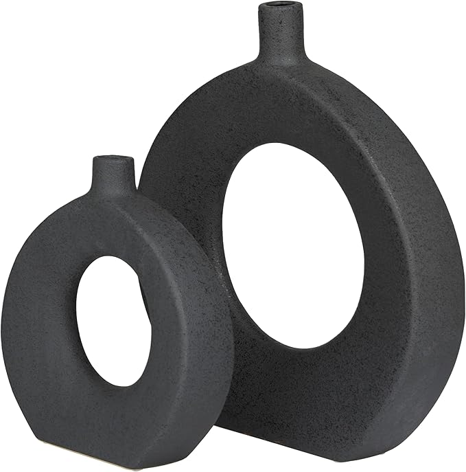 CosmoLiving by Cosmopolitan Ceramic Decorative Vase Round Donut Shaped Centerpiece Vases, Set of 2 Flower Vases for Home Decoration 15", 10"H, Black