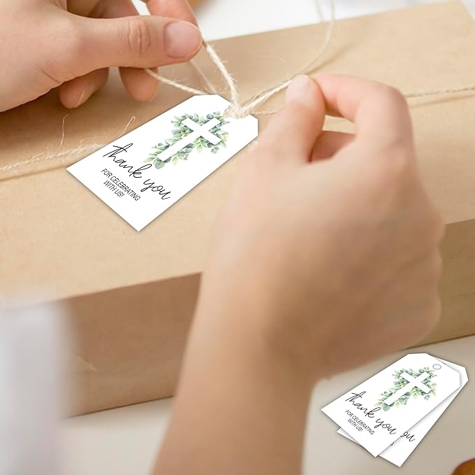 Thank You for Celebrating with Us Tag, 50 Pcs Baptism Lables, 2x3 Inch Baptism Gift Tags with String for Wedding Birthday Baby Shower Bridal Shower, Party Decoration, Cross Eucalyptus-A03