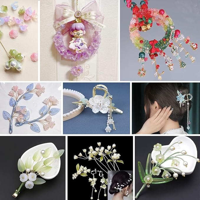 LadayPoa 100pcs Glass Bellflower Beads for Jewelry Making Mixed Color Trumpet Flower Beads Gradient Clear Cute Beads for Bracelets Making Aesthetic Beads Charms for DIY Necklace Decoration Gifts
