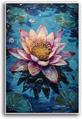 Gorgeous pink and purple water lilies on deep blue water Eye-catching oil painting Serene aquatic wall art for modern home decor 28x40in Frameless