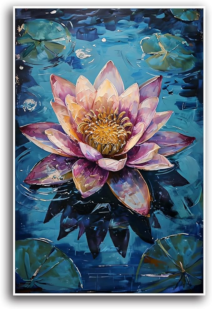 Gorgeous pink and purple water lilies on deep blue water Eye-catching oil painting Serene aquatic wall art for modern home decor 28x40in Frameless