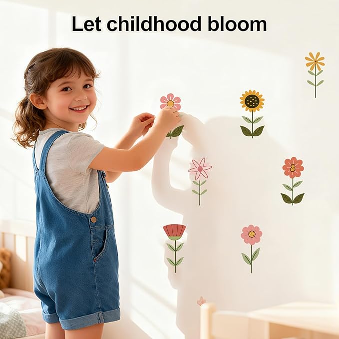 YouRfocus Boho Flower Wall Decals for Nursery & Kids Room – Set of 72 Floral Wall Stickers, Removable Peel and Stick Boho Home Decor, Pastel Wall Art (12 Sheets)