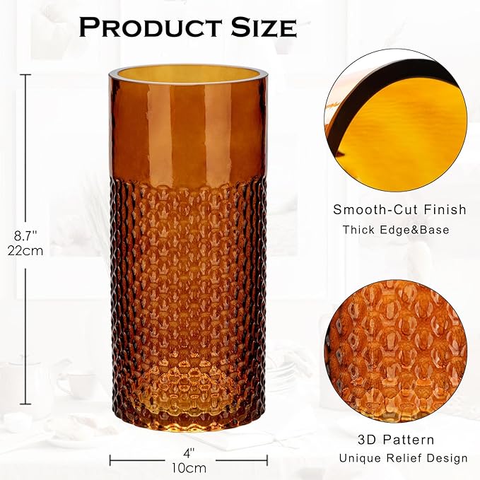 Amber Glass Cylinder Vase for Flowers, 8.7" x 4" Thickened Votive Candle Holder Modern Hydroponic Ornament for Home Living Room Wedding Centerpieces Office Table Decor