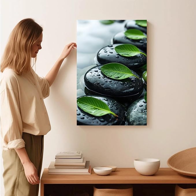 Glittering black stone cluster with fresh green leaves and water drops poster tranquil mist rain wall art zen wall art suitable for modern minimalist home decor 20x30in Frameless