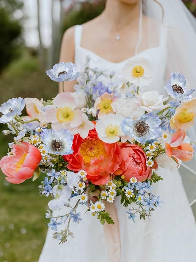 IPOPU Vintage Light Blue Poppies Flowers Artificial 6PCS Silk Poppies Realistic Faux Flowers for Vase Artificial Poppies Blue Fake Flower for Centerpieces Bridal Shower Party Decor (Light Blue)