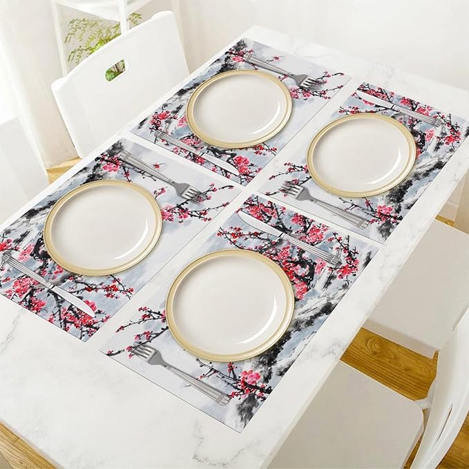 Ink Painting Cherry Blossoms Placemats Set of 4,Vintage Chinese Art Ink Painting Flower Linen Placemats Decoration for Family Dinners, Party, Holidays, Gathering 4 PCS