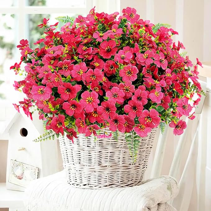 Artificial Faux Plants Flowers Outdoor Decoration,16 Bundles Fake Silk Colorful Daisy Eucalyptus Realistic UV Resistant for Outside Home Planter Porch Patio Yard Decor (Red)