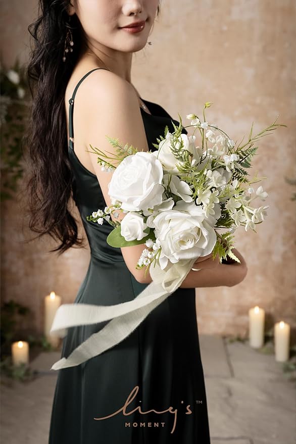 Ling's moment Artificial Flowers Lily of Valley White Bridesmaid Bouquet Set of 4, Green Wedding Flowers Bouquets for Bridesmaids, 7 Inch Bridal Bouquets for Bridesmaids, Wedding, etc