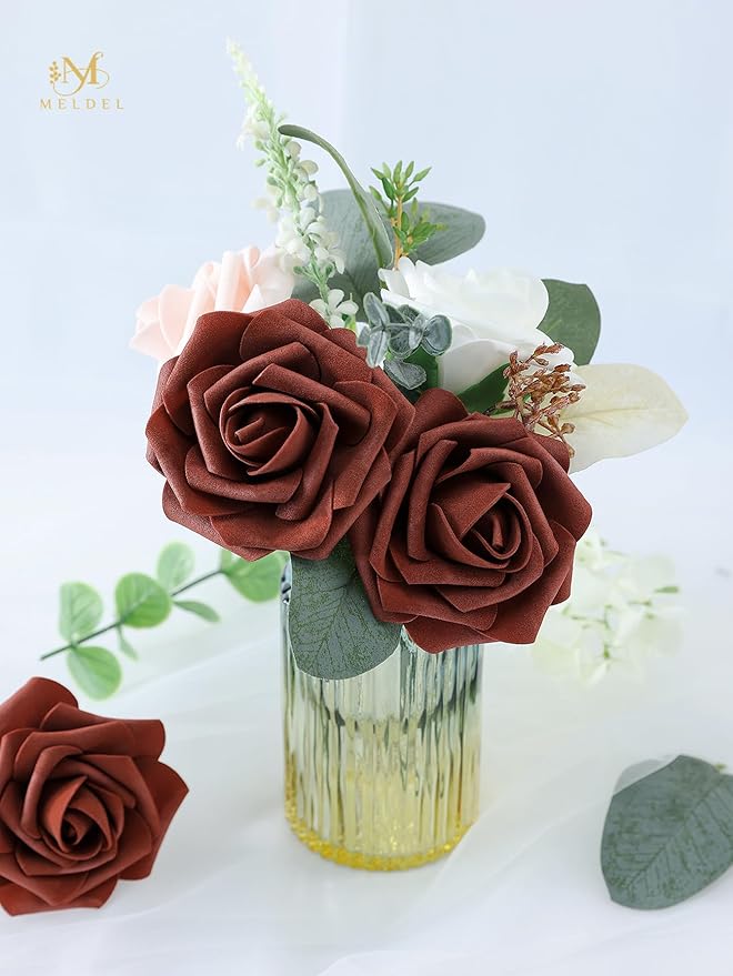 Meldel Artificial Flower 25pcs Real Touch Amber Fake Foam Roses with Stems for DIY Wedding Bouquets Gifts Bridal Shower Faux Floral Centerpieces Arrangements Home Party Tables Decorations