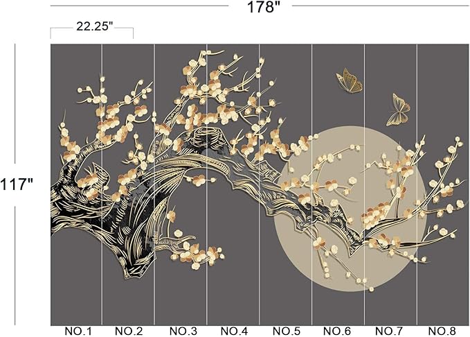 Golden Branches Butterflies Moon Wall Mural Wallpaper for Bedroom 178" x 117"