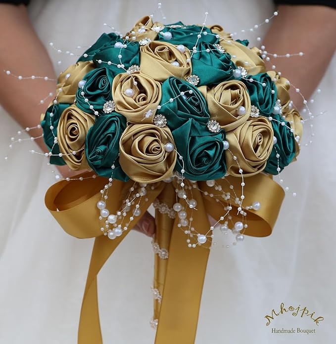 Bridal Wedding Bouquet Round Bling Brooch Bouquet Throw Toss Artificial Rose Flower Bunch for Bride Bridesmaid Wedding Quinceanera(Dark Green & Gold, 6.3")