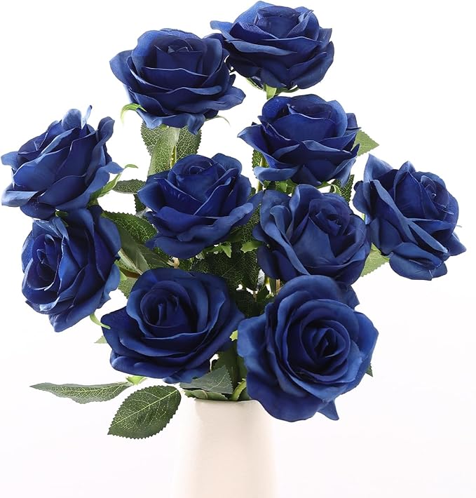 DuHouse 10pcs Silk Roses Artificial Flowers Fake Rose for Arrangement Wedding Party Home Decoration (Navy Blue)