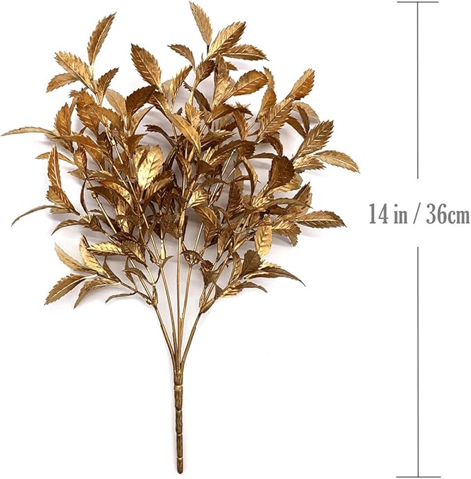 CATTREE Christmas Artificial Plants, Plastic Leaves Fake Grass Faux Shrubs Bushes for Home Indoor Outdoor Garden Leaf Wedding Festival Decoration Hall Table Golden Planter Filler - Gold 3 Pack
