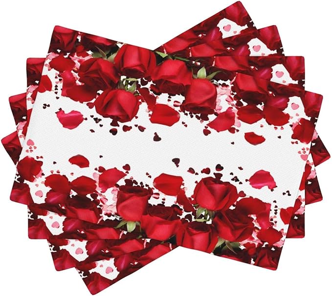 Rose Linen Table Placemats Set of 4 Romantic Red Flowers Place Mats for Home Party Kitchen Indoor Holiday Rustic Washable Heat Resistant Table Mats 12 x 18 Inch