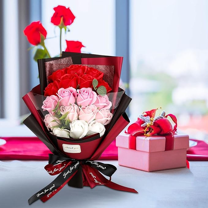 Roses Bouquet Artificial Flower - Preserved Red Rose Flowers with Love Necklace for Her Unique Gift for Birthday, Valentine's Day, Mother's Day, Thanksgiving, Christmas, Anniversary (Pink and Red)