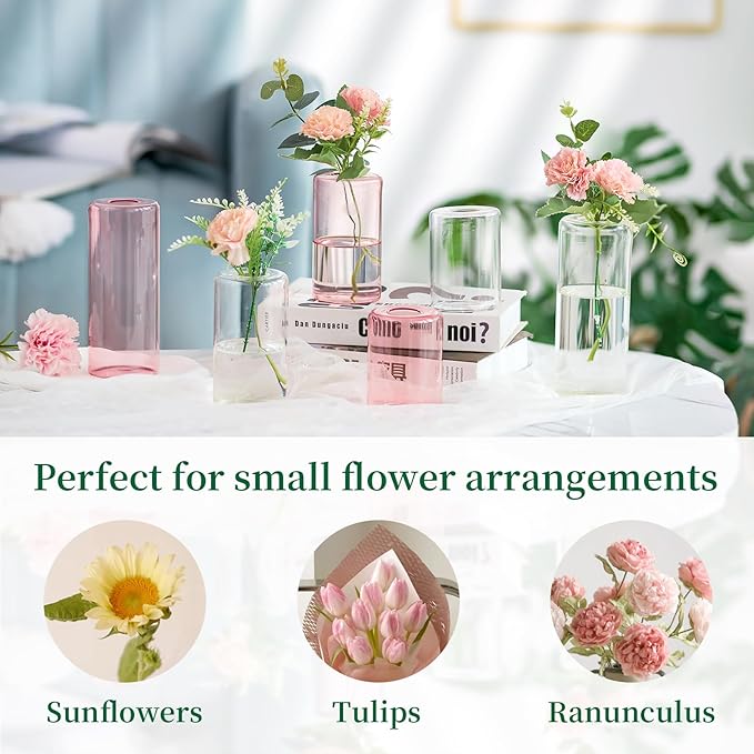 Small Glass Bud Vases for Centerpieces – Hewory 24pcs Clear Blown Single Flower Vases Bulk, Modern Mini Cylinder Vase Set for Wedding Anniversary Birthday Party Events Home Living Room Table Decor