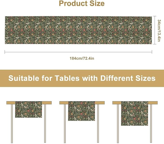 William Morris Table Runner, Vintage Boho Green Botanical Flowers Birds Tabletop Decoration for Kitchen Dining Indoor Outdoor Home Holiday Party, 13x108 Inch