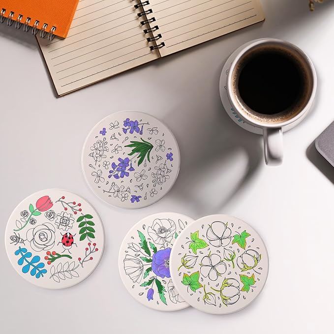 10 Pcs Ceramic Coasters for Drinks Color Your Own Coaster Set DIY Absorbent Cup Mat with 12 Markers and Cork Base Gift Arts and Crafts for Coffee Table Apartment Bar Home Decoration(Flower)