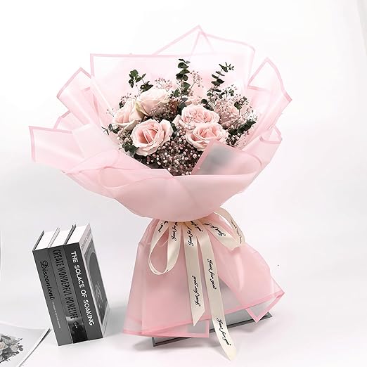 Jutieuo 20 Sheets Light Pink Flower Wrapping Paper, Waterproof Floral Wrap Pink Edge Bouquet Wrapping Paper Florist Supplies (22.8 x 22.8 inch)