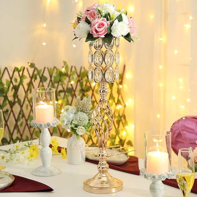 Set of 10 Metal Diamond Crystal Wedding Centerpiece Vases for Tables, 24in Gold Versatile Tall Flower Holders Centerpiece Flower Stands for Wedding Party Reception Dining Room Living Room Décor