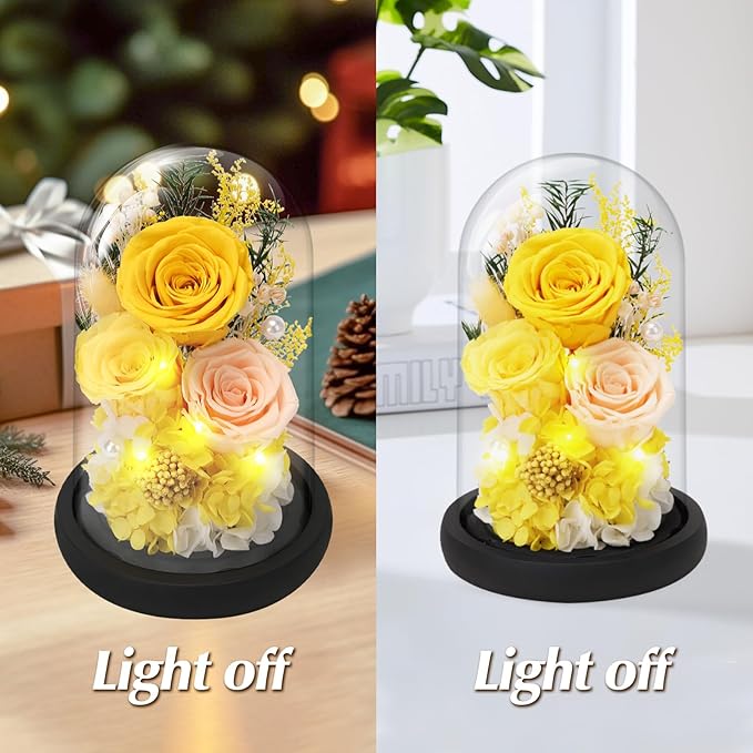 Preserved Roses Flowers for Delivery, Yellow Forever Flores in Glass Dome for Women Mom Wife Girlfriend Grandma, Eternal Rose Anniversary Birthday Gift for Mothers Day Valentines Christmas