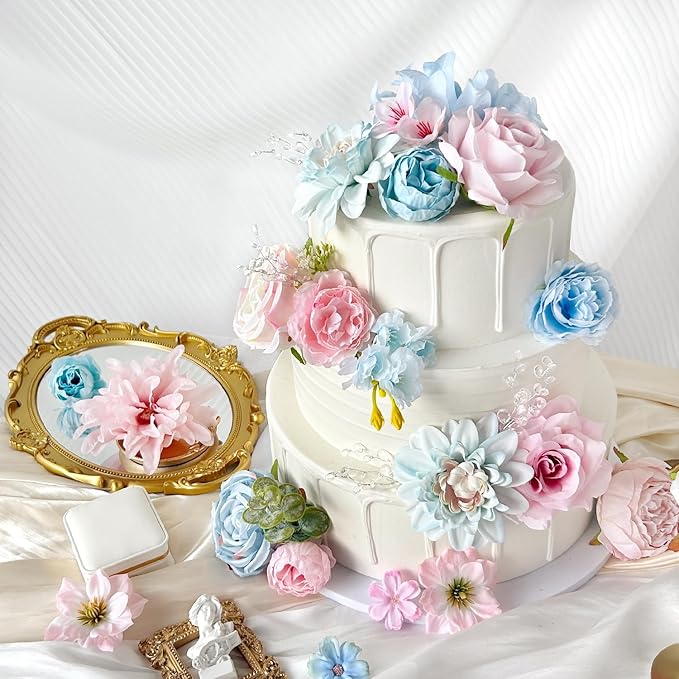Artificial Flowers Combo Box Set Baby Blue Pink Silk Roses with Stems Crystal DIY Pastel Rainbow Bridal Wedding Bouquets Cake Fake Floral Arrangements Baby Shower Party Table Centerpieces Home Decor