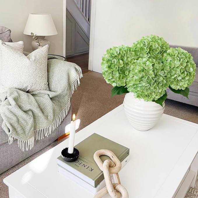 Green Hydrangea Artificial Flowers, 4Pcs 22" Large Lifelike Faux Silk Flowers, Full Artificial Hydrangeas for Bouquet Table Centerpieces Indoor Spring Outdoor Home