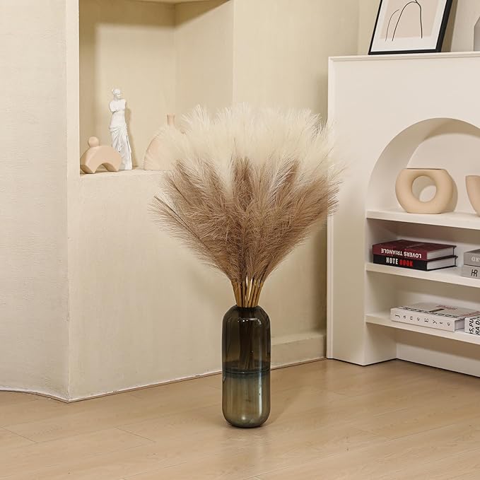 9 Stems Faux Pampas Grass - 38 Inch Long Fluffy Pompous Grass Bulk, Big Artificial Pompas Floral for Baby Shower Decoration, Wedding Centerpieces and Boho Home Decor (Beige & Taupe)