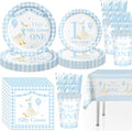 141pcs Blue One Silly Goose Birthday Decorations 1st Birthday Party for Girls Goose Theme Blue Gingham Plates Napkins Forks Knives Straws Tablecloth Cups,Suitable for 20 Guests