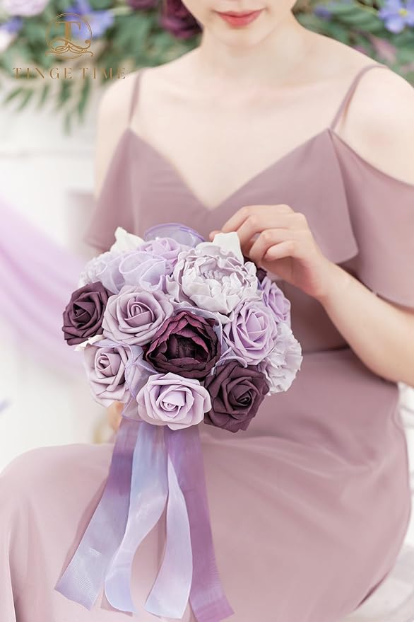TINGE TIME 7 Inch Artificial Flowers Wedding Bouquets for Bridesmaid, Set of 4, Lavender Bride Tossing Bouquet for Wedding Ceremony Festivals Bridal Shower Rehearsal Dinner Vintage Party
