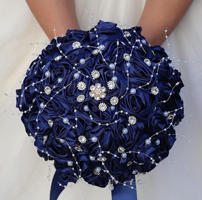 Bridal Wedding Bouquet Round Bling Brooch Bouquet Throw Toss Artificial Rose Flower Bunch for Bride Bridesmaid Wedding Quinceanera(Navy Blue, 8.7")