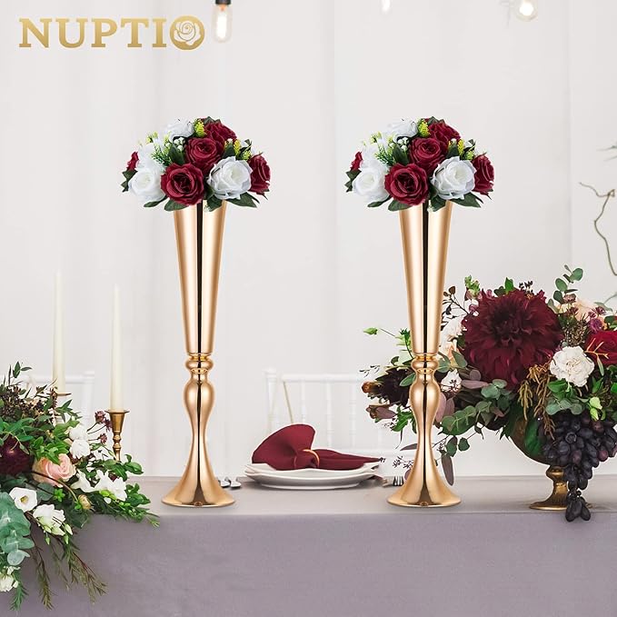 NUPTIO Flower Wedding Centrepieces for Tables - 10 Pcs 9.5in Diameter Burgundy & White Artificial Flowers Rose Ball for Centerpieces Table - Fake Rose Arrangements for Weddings Birthday Party Decor