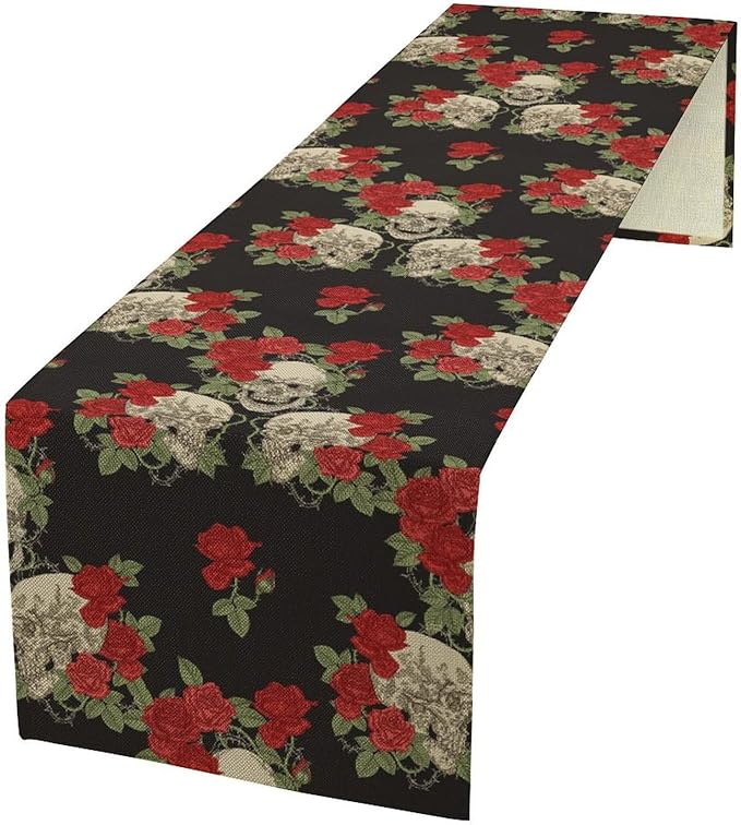 Gothic Table Runner,Red Rose Skull Print Table Runner for Home Kitchen Table Dining Garden Farmhouse Wedding Party Decor 13x108 Inch