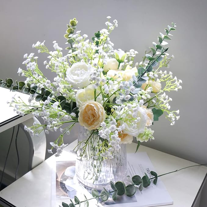 DEEMEI 18pcs Babys Breath Artificial Flowers Fake Eucalyptus Leaves Flowers Bouquet Artificial White Gypsophila Bouquets Real Touch Faux Flowers for Wedding Floral Arrangement Party Home Decoration