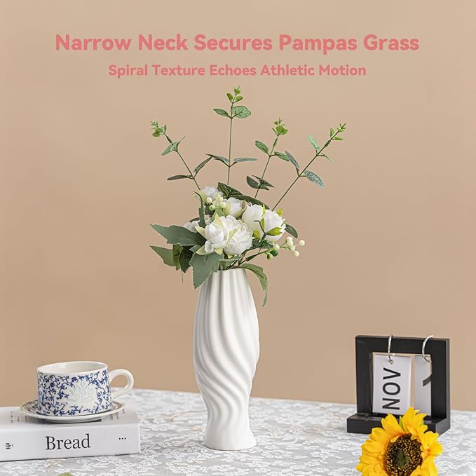 White Ceramic Torch Vase with Spiral Design - 8.8" Unique Flower Vase for Pampas Grass & Centerpieces, Decorative Boho/Farmhouse Vase for Living Room, Office Desk & Gift for Her/Yourself