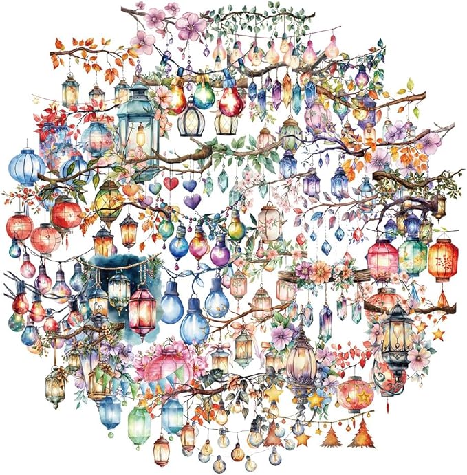 50PCS Watercolor String Light Stickers - Transparent PET Waterproof Lantern Decals for DIY Crafts, Journals, Bottles, Phone Cases