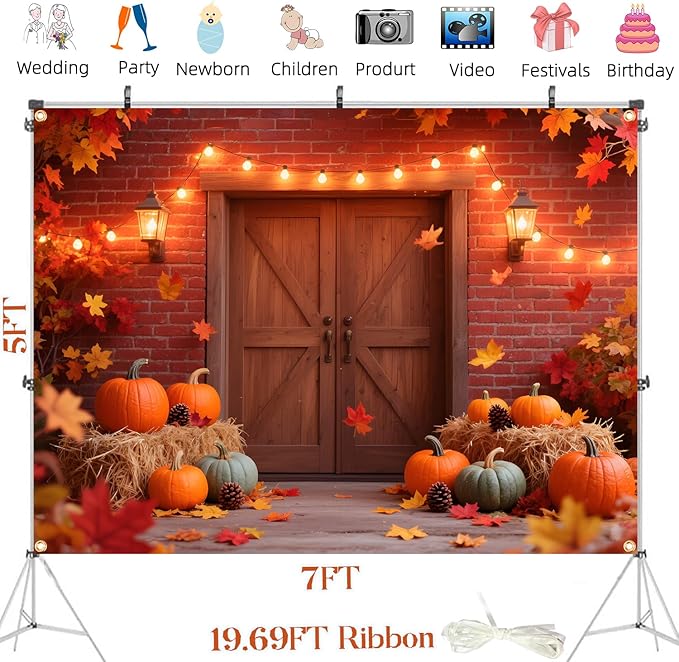 Large 7x5FT Fall Autumn Backdrop – Fall Photography Background with Pumpkin, Maple Leaves & Barn Wood (Includes 19.68FT Ribbon) – Thanksgiving, Friendsgiving, Harvest Party Decor, Photo Booth Props
