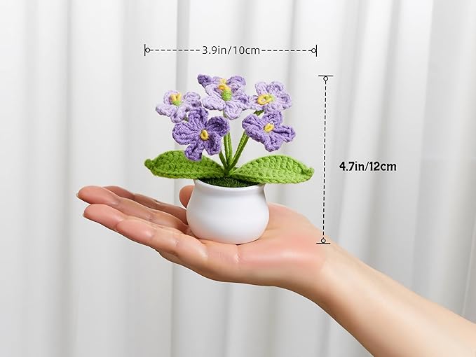 Gradient Purple Crochet Flowers Cute Handmade Knitted Potted Flower Plants for Teacher Women Birthday Anniversary Valentines Decor for Car Home Room Office Desk Accessories