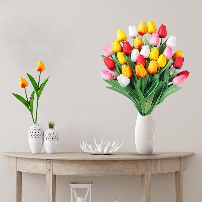 Sggvecsy 15 Pcs Fake Tulips Artificial Flowers Real Touch PU Faux Flowers Tulip Stems for Wedding Spring Bouquet Floral Arrangement Home Party Office Decorations for Mother's Day (Multi Colors)