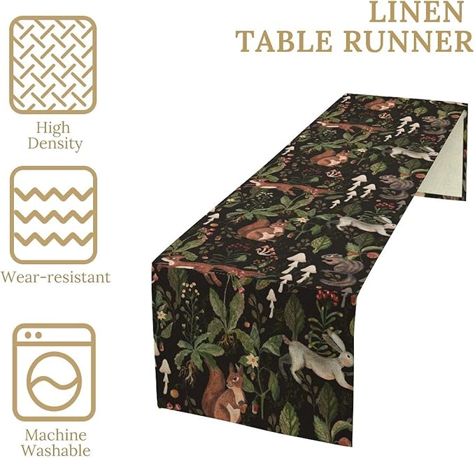 Rustic Woodland Table Runner, Rustic Forest Wild Animals Bunny Rabbit Squirrel Mushroom Plants Table Runner for Holiday Farmhouse Kitchen Dining Table Decor, 13x90inch