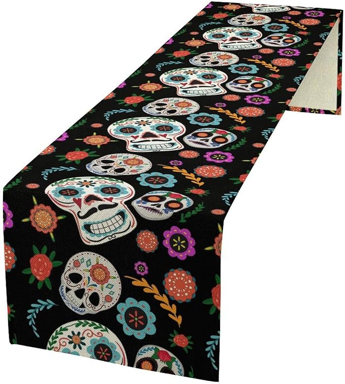Gothic Skull Table Runner,Vintage Style Colourful Table Runner for Home Kitchen Table Dining Garden Farmhouse Wedding Party Decor 13x70 Inch