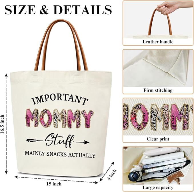 Canvas Tote Bag for Women, Important Stuff Bag with Leather Handle, Reusable Grocery Bags for Shopping Beach Travel