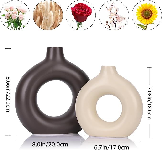 Brown and Cream Vase Decor Donut Vase Set of 2 - Circle Hollow Vases, Modern Matte Ceramic Vases for Entryway Living Room Bedroom Dining Table Centerpiece Office Home Decor