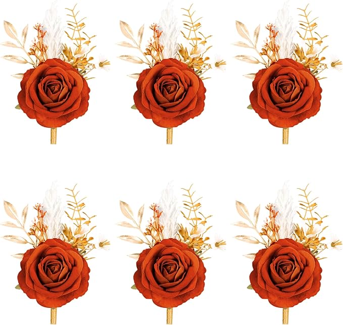 Meldel Burnt Orange Velvet Rose Boutonniere for Men,Set of 6,Groom and Best Man Boutonnieres with Artificial Flower,for Wedding Ceremony Anniversary, Dinner Party, Fall Vintage Rustic Marriage Prom