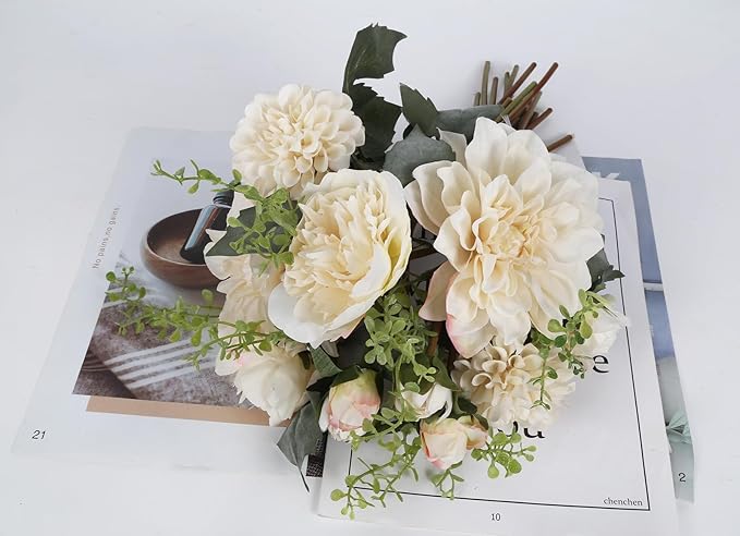 2 Bouquets White Artificial Peonies Combo Faux Dahlia Flowers 18stems Faux Flowers for Vase White Fake Flowers for Home Decoration Wedding Decoration Bride Bouquet (White)