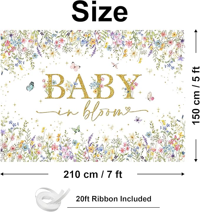 Avezano Baby in Bloom Backdrop Wildflower Baby Shower Party Decorations Watercolor Floral Baby in Bloom Banner Gold Glitter Butterfly Photography Background Cake Table Banner (7x5ft)